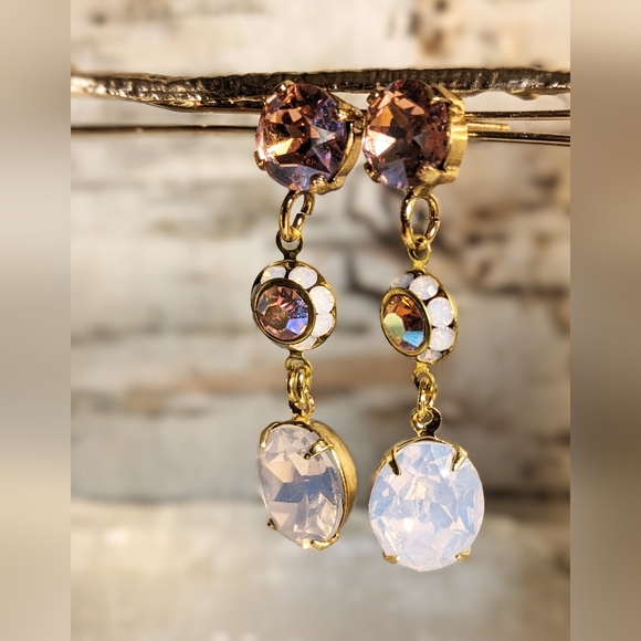 Rose Pink Opal And Swarovski Crystal Flower Drop Down Earrings - Picture 3 of 6